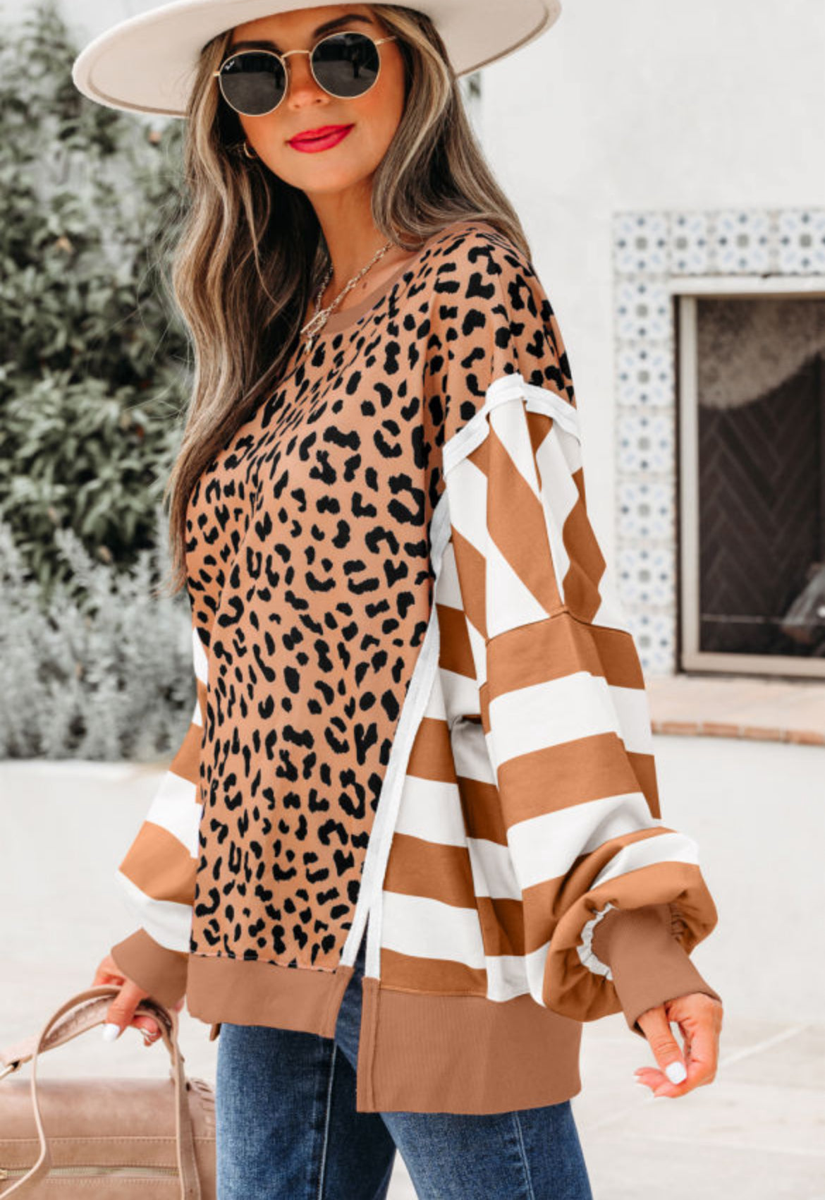 Leopard color block sweatshirt-white