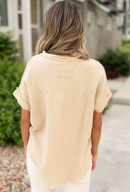 Frayed trim half button blouse