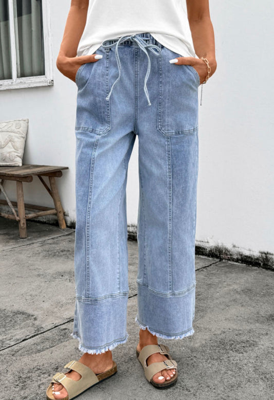 Drawstring raw hem wide leg jeans