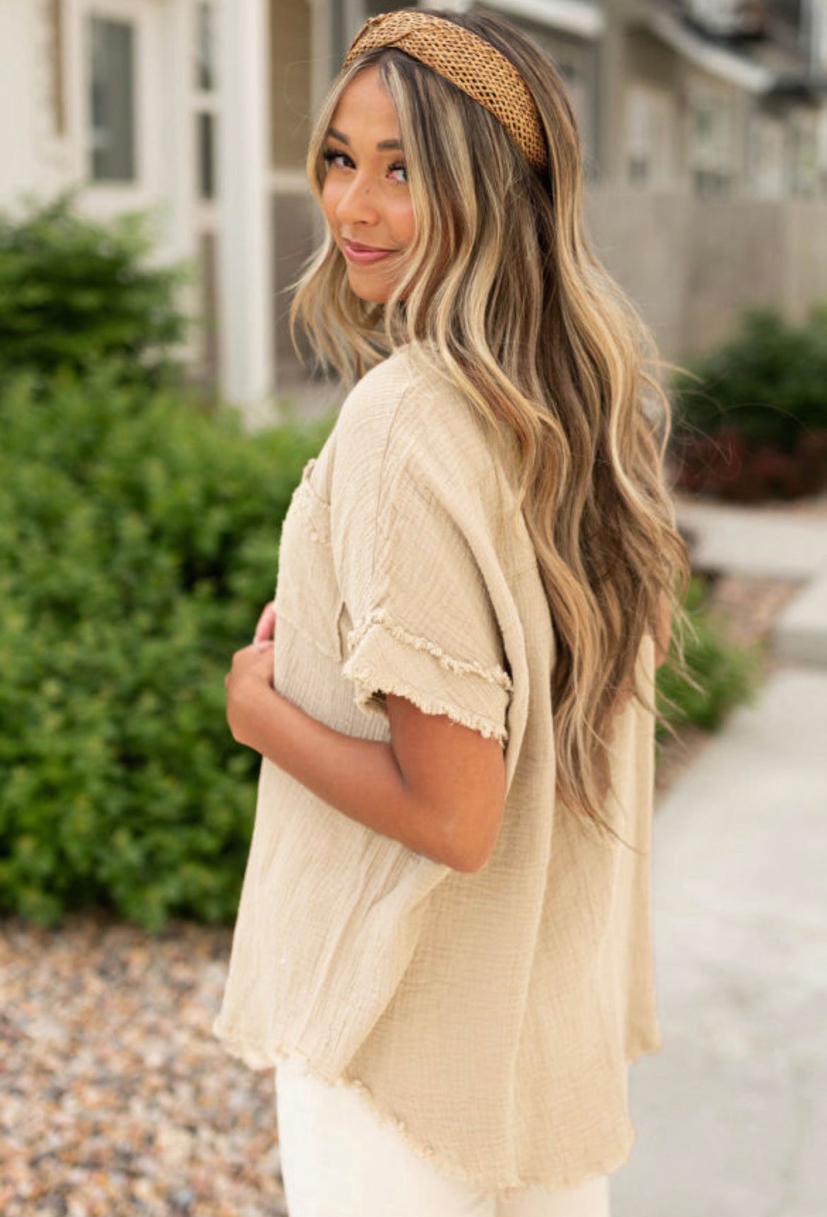Frayed trim half button blouse