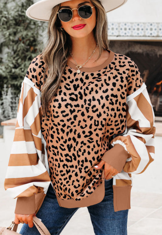 Leopard color block sweatshirt-white