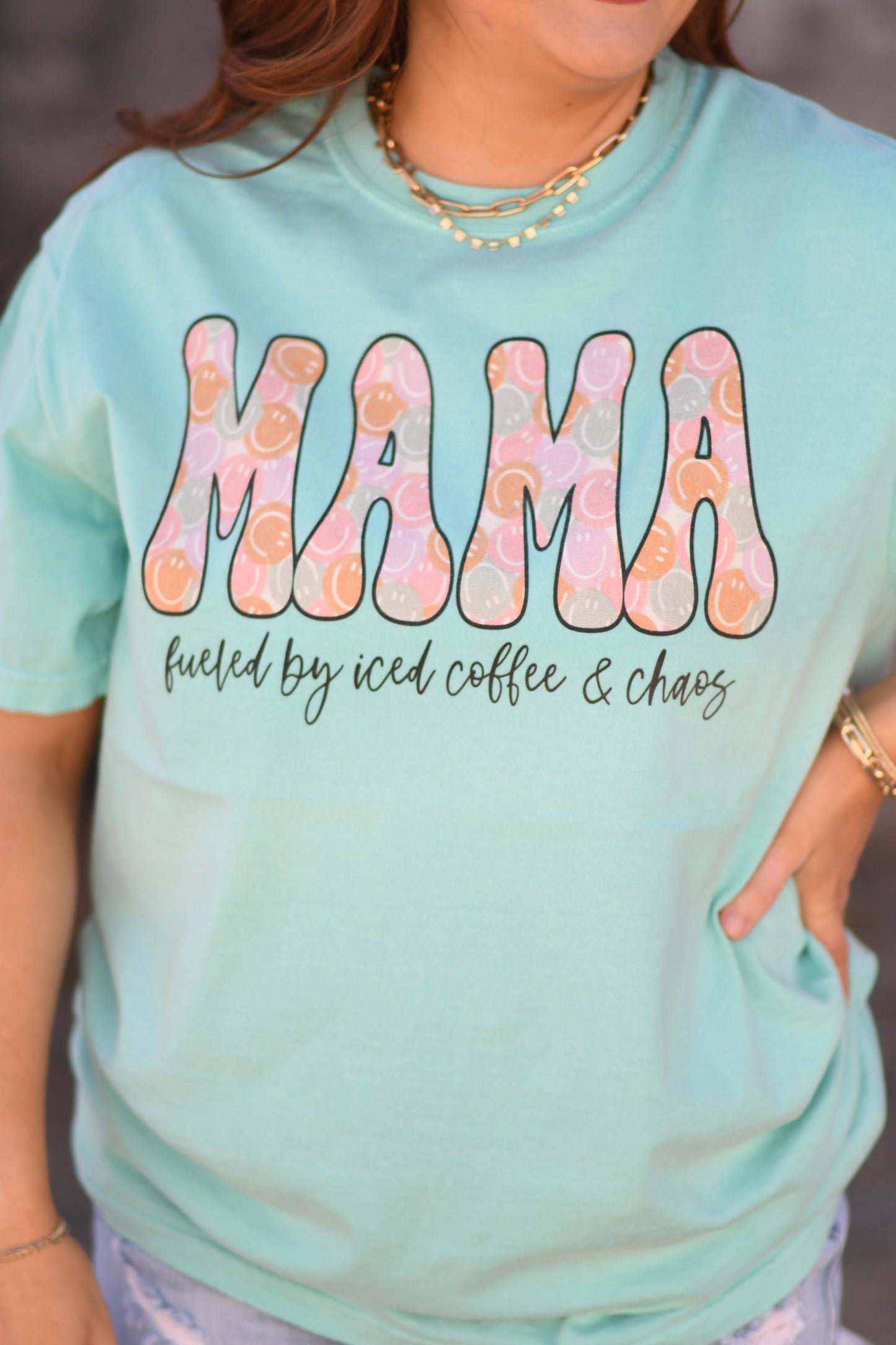 Mama Smiley Fueled By Iced Coffee And Chaos Tee