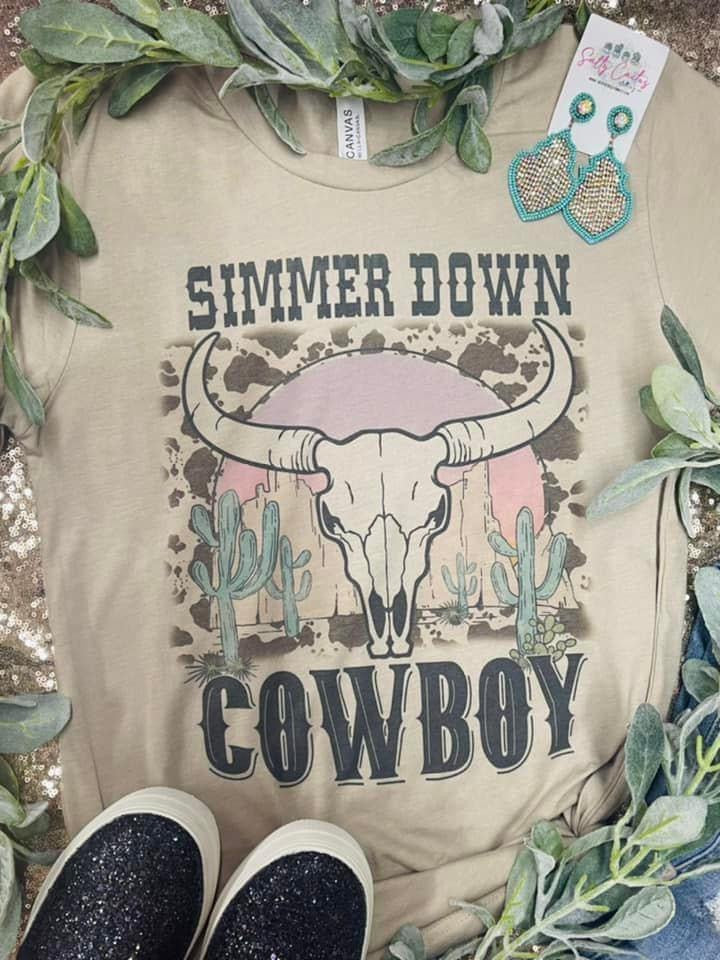 Simmer Down Cowboy Western Cowskull Tan Tee