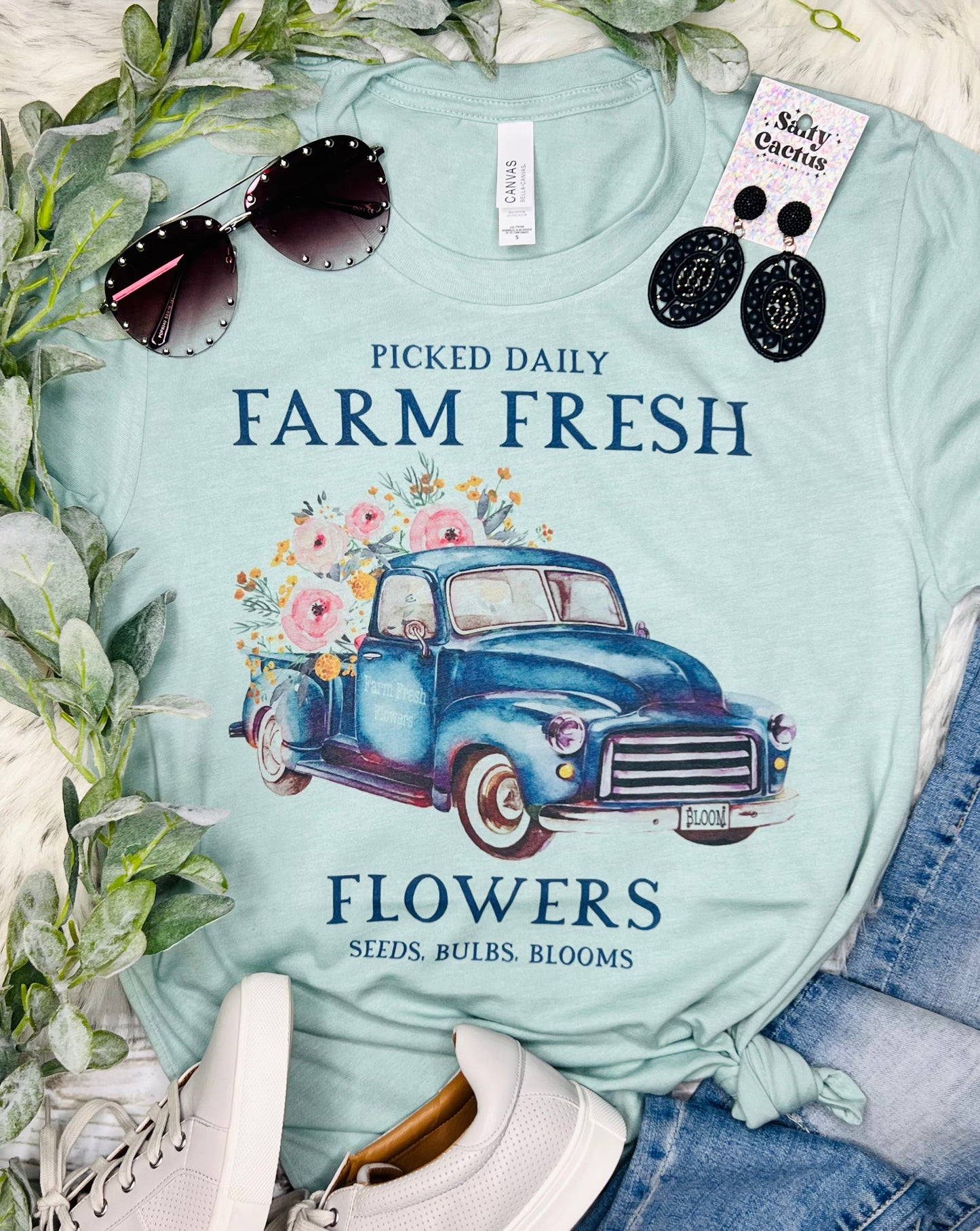 Farm Fresh Flowers Truck Dusty Blue Tee
