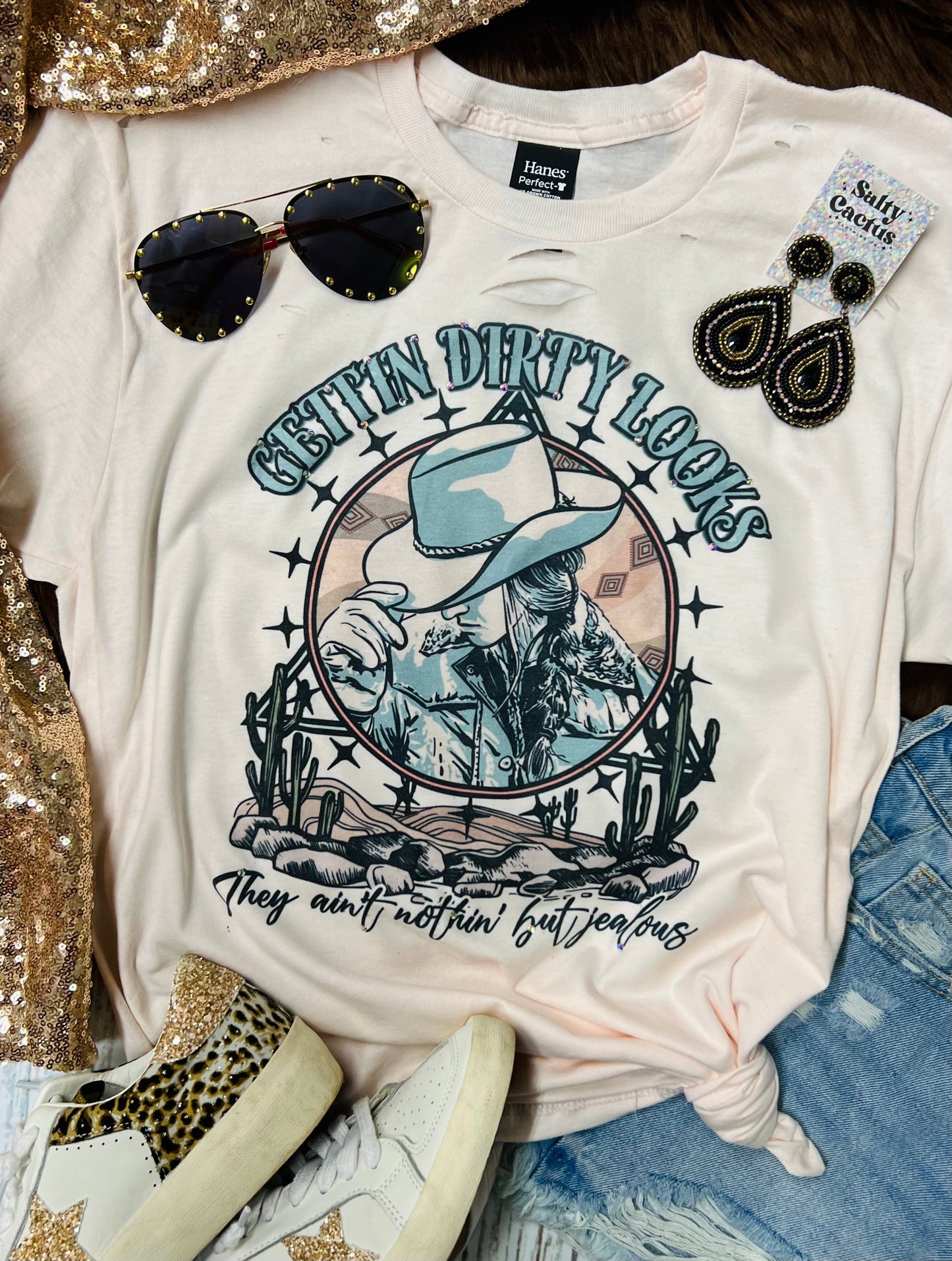 Gettin Dirty Looks *Distressed* and *Embellished* Blossom Blush Tee