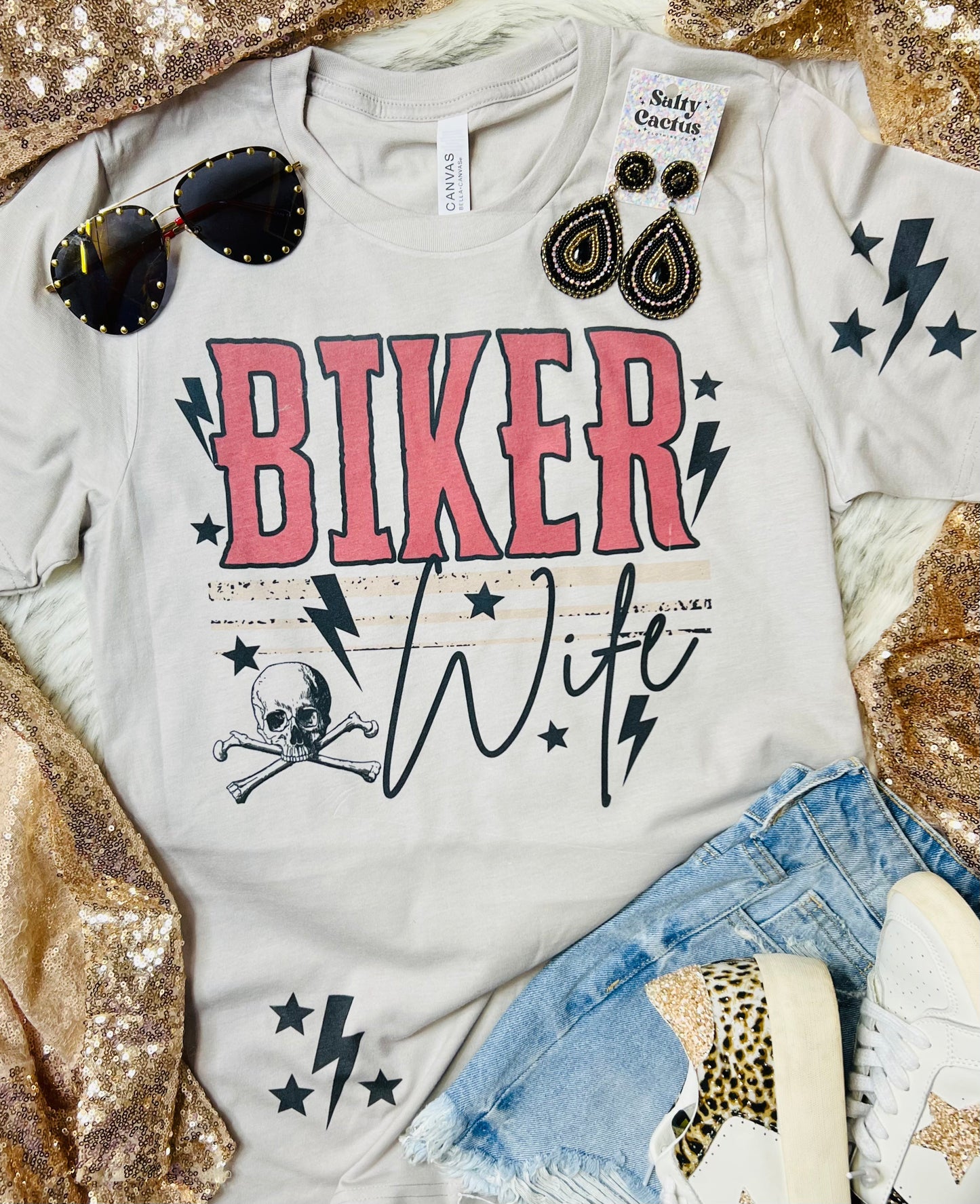 Biker Wife with Star Patches Stone Grey Tee