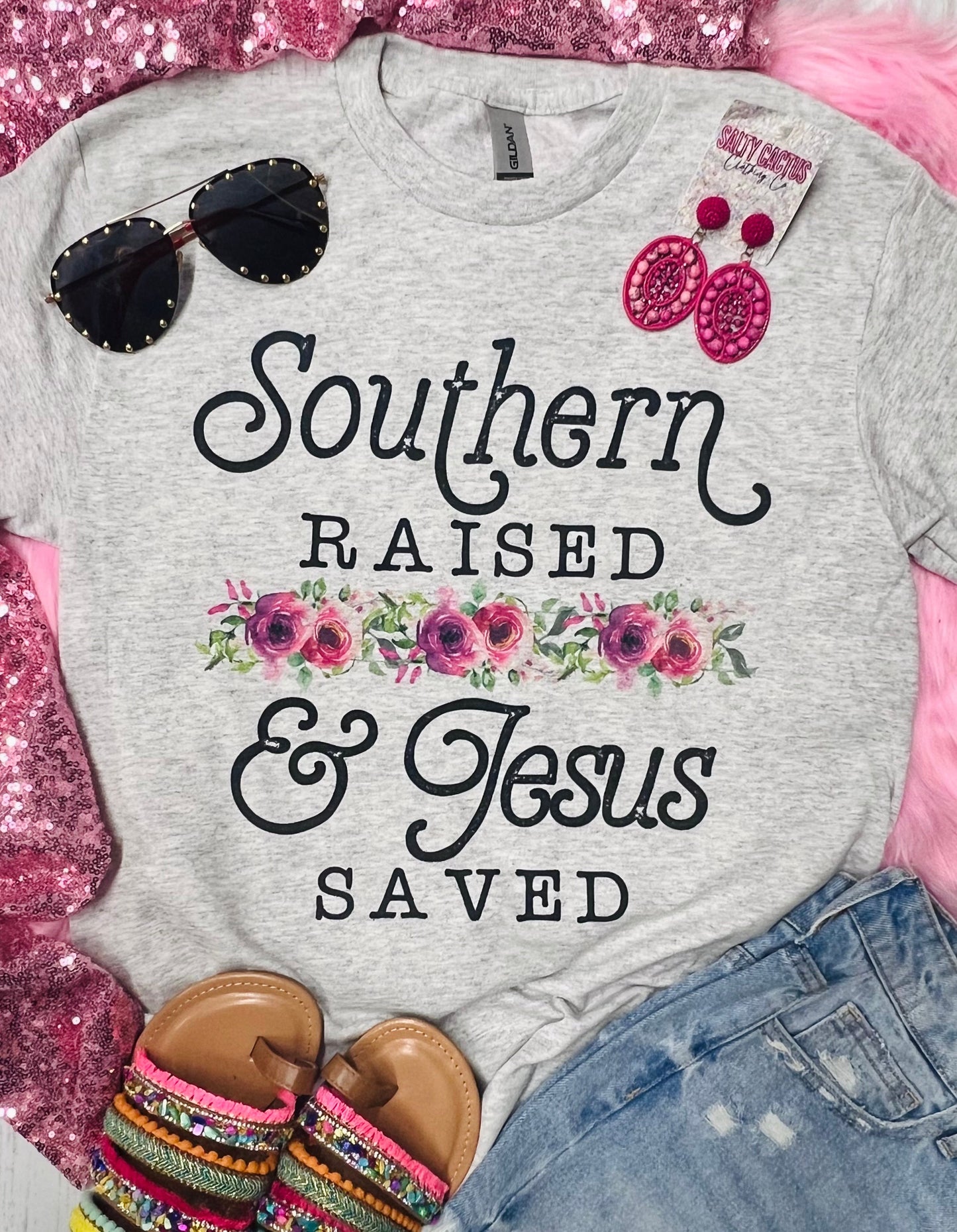 Southern Raised & Jesus Saved Grey Tee