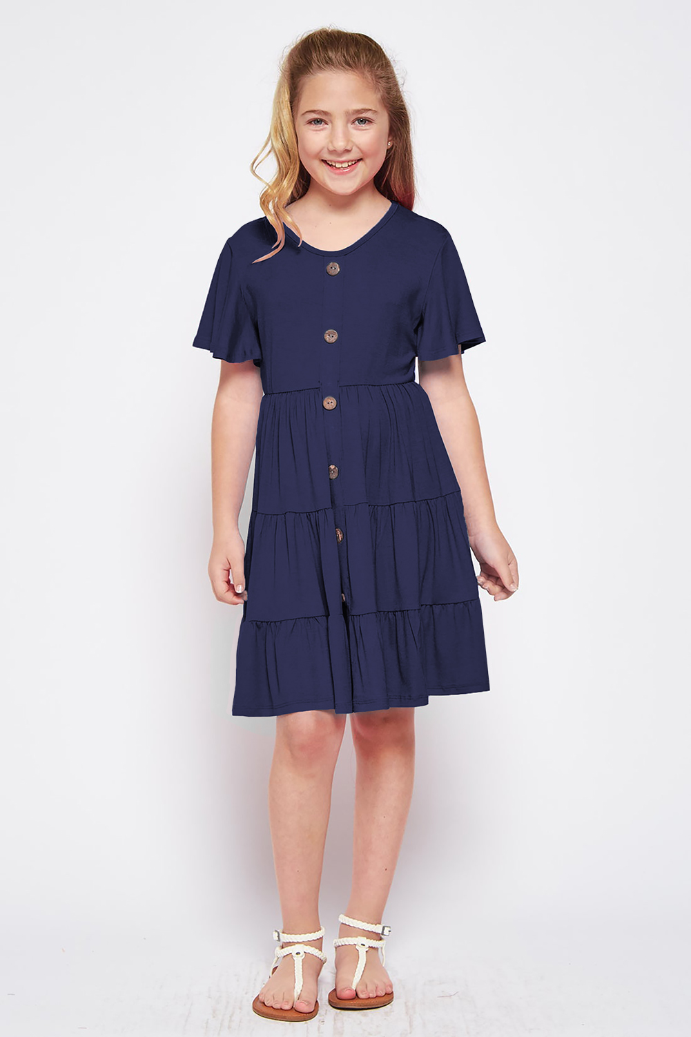 Blue Flutter Sleeves Tiered Girls’ Dress With Buttons