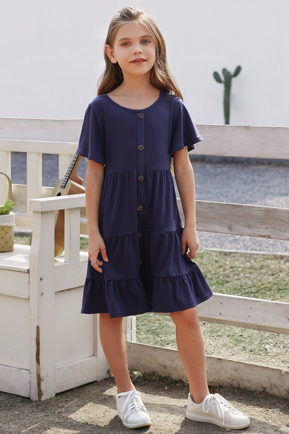 Blue Flutter Sleeves Tiered Girls’ Dress With Buttons